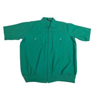 Vintage John Blair Green Zip Up Short Sleeve Shirt Pintuck Pockets‎ Large LGE